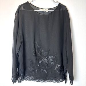 Victoria's Secret Gold Label Size L Black Sheer Boudoir Top Lace Floral‎ 1980's